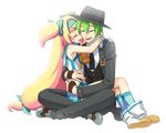  1girl arin66 bell blazblue blonde_hair boots bow closed_eyes formal green_hair hair_bow hairband happy hat hazama hug long_hair low-tied_long_hair pants platinum_the_trinity quad_tails shoes short_hair simple_background sitting sitting_on_lap sitting_on_person smile white_background 