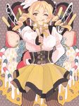  2ta_(meeta) ;p beret blonde_hair breasts candy drill_hair finger_gun food hair_ornament hat large_breasts looking_at_viewer magical_girl mahou_shoujo_madoka_magica one_eye_closed ribbon skirt solo tomoe_mami tongue tongue_out twin_drills twintails yellow_eyes 