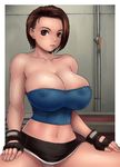  1girl areola_slip areolae bare_shoulders bisco_(letitbleed) breasts brown_eyes brown_hair capcom cleavage fingerless_gloves frown gloves highres huge_breasts jill_valentine midriff miniskirt navel panties pantyshot resident_evil resident_evil_3 short_hair sitting skirt solo strapless tubetop underwear upskirt white_panties 