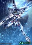  beam_cannon commentary_request energy_cannon energy_sword exhaust glowing glowing_eyes green_eyes gundam gundam_arsenal_base gundam_calibarn gundam_suisei_no_majo highres holding holding_beam_saber holding_cannon holding_sword holding_weapon mecha mobile_suit no_humans official_art robot science_fiction soezy solo sword thrusters v-fin weapon 