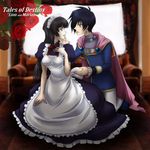  1girl apron black_hair blue_eyes breasts cape copyright_name dress flower grey_eyes leon_magnus long_hair lowres maid maid_apron maid_headdress marian pants rose short_hair tales_of_(series) tales_of_destiny title_drop 
