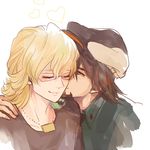  bad_id bad_pixiv_id barnaby_brooks_jr blonde_hair brown_eyes brown_hair cabbie_hat cheek_kiss facial_hair glasses hat kaburagi_t_kotetsu kiss male_focus multiple_boys necktie poco24 stubble tiger_&amp;_bunny yaoi 