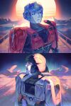  2boys absurdres aurora black_helmet black_sclera blue_eyes blue_helmet colored_sclera commentary d-16_(transformers_one) dong_98 helmet highres humanoid_robot male_focus multiple_boys night night_sky open_mouth orion_pax_(transformers_one) outdoors robot sky sparkle star_(sky) sun symbol-only_commentary transformers transformers_one yellow_eyes 