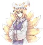  animal_ears bad_id bad_pixiv_id blonde_hair fox_ears fox_tail hands_in_opposite_sleeves hat multiple_tails short_hair solo tail takemori_shintarou touhou upper_body yakumo_ran yellow_eyes 