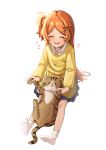  1girl =_= ^_^ absurdres blue_skirt blush cabbage_(chlehd2239) cat closed_eyes full_body highres idolmaster idolmaster_million_live! long_sleeves musical_note ogami_tamaki one_side_up orange_hair shirt simple_background sitting skirt smile smock socks solo white_background white_socks yellow_shirt 