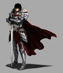  armor bad_id bad_pixiv_id black_hair cape clamp8903 grey_background male_focus original planted_sword planted_weapon realistic simple_background solo sword weapon 