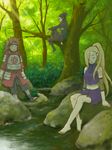  1girl 2boys akimichi_chouji barefoot black_hair blonde_hair brown_hair eyes_closed facial_mark feet flak_jacket hair_ornament hair_over_one_eye hairclip long_hair multiple_boys nara_shikamaru naruto outdoors rock sitting smile stream tegaki teramoto teramoto_kei tree water yamanaka_ino 