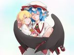  ariyoshi_gen ascot bad_id bad_pixiv_id bat_wings blue_hair closed_eyes flandre_scarlet hat large_wings multiple_girls no_hat no_headwear pointy_ears remilia_scarlet siblings sisters sleeping smile touhou wing_hug wings wrist_cuffs 