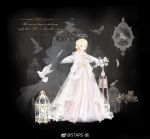  1girl artist_name bare_shoulders bird bird_wings black_background blonde_hair bow chinese_commentary closed_mouth collarbone commentary_request dove dress duck duckling english_text eyelashes eyeshadow feathered_wings feathers flower flower_hairband flower_halo frilled_dress frills full_body gown grey_eyes highres layered_dress lipstick long_dress long_hair looking_at_viewer makeup miracle_nikki mirror nikki_(series) off-shoulder_dress off_shoulder official_style original pink_dress pink_eyeshadow pink_lips ribbon skirt_hold smile solo standing stars_zhangzhang swan the_ugly_duckling vase waist_bow weibo_watermark white_dress white_flower white_wings wings yellow_bow yellow_ribbon 