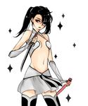  1girl arrancar black_hair bleach breasts detached_sleeves kuloco loly_aivirrne long_hair midriff navel red_eyes sheath skirt skull sleeveless solo sparkle standing thighhighs twintails weapon 