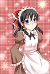  alternate_costume alternate_eye_color apron bespectacled black_hair blue_eyes bow checkered checkered_background clenched_hand ears enmaided frown glasses hair_bow hair_tubes hakurei_reimu hand_on_hip head_tilt looking_at_viewer maid maid_headdress puffy_sleeves red_background ribbon royaleden sleeves_past_wrists solo sparkle touhou 
