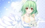  :d bouquet breasts brown_eyes choker cleavage dress elbow_gloves flower gloves green_hair highres hinohara_tamako holding jewelry large_breasts lunaris_filia mikagami_mamizu necklace open_mouth ribbon_choker rose smile solo strapless strapless_dress tiara wallpaper wedding_dress white_dress white_flower white_gloves white_rose 