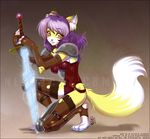  armor canine female fox hair kneeling looking_at_viewer neolucky pantyhose purple_hair red_eyes sword toeless_socks torn_pantyhose unconvincing_armor weapon yellow 