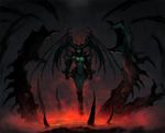  breasts clamp8903 demon_girl demon_wings fire gauntlets glowing glowing_eyes green_skin head_wings large_breasts lossy-lossless molten_rock red_eyes solo succubus wings 
