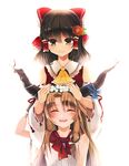  ^_^ ascot backlighting black_hair bow brown_eyes brown_hair camellia closed_eyes detached_sleeves fangs flower hair_bow hair_flower hair_ornament hair_tubes hakurei_reimu head_wreath horns ibuki_suika long_hair mokomaru multiple_girls putting_on_headwear short_hair smile touhou white_background 