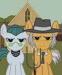  2011 american_gothic clyde_pie_(mlp) couple equine eyewear female feral filipinoninja95 friendship_is_magic glasses grant_wood grass_stalk hat horse house inspired_by_proper_art male mammal my_little_pony parody pichfork pitchfork pony puritan reaction_image stern sue_pie_(mlp) 