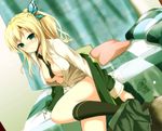  aqua_eyes bed bedroom black_legwear blonde_hair blush boku_wa_tomodachi_ga_sukunai breasts bug butterfly butterfly_hair_ornament cleavage hair_ornament indoors insect kashiwazaki_sena kyaro_(kyaro54) long_hair medium_breasts panties ponytail school_uniform skirt socks solo st._chronica_academy_uniform underwear undressing 