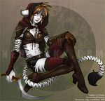  2009 boots breasts brown_hair clothing feline female gabbie hair hood looking_at_viewer navel neolucky red_eyes shorts solo stockings stripes tiger watermark weapon white_tiger 