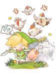  angry bird blonde_hair chibi chicken cucco gameplay_mechanics grass link pig running sword tegaki the_legend_of_zelda tsumuki weapon 