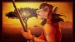  acacia_tree anthro athletic athletic_female blue_eyes bracelet brown_hair claws clothing detailed_background felid female finger_claws fur hair holding_object holding_staff jewelry lion mammal open_mouth orange_body orange_fur pantherine plant quarterstaff raziya_(racheltheseeker) savanna shirt signature snaggle_tooth solo staff stormeyes sunrise tank_top topwear tree whiskers wide_eyed windswept_hair 