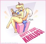  bikini birthday blue_eyes breasts cake canine chocolate clothed clothing collar dog eltonpot female food fork gift krillos&#039; krillos' lassie mammal party_hat plate rough_collie skimpy solo swimsuit 