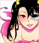  1girl arrancar bare_shoulders bent_over black_hair bleach cosplay demon_tail detached_sleeves fake_tail horns kuloco loly_aivirrne long_hair looking_at_viewer open_mouth red_eyes skull solo tail twintails 