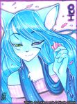  2009 blue_hair bust chest_tuft feline female flower hair heterochromia long_hair neolucky oni scarf smile solo 