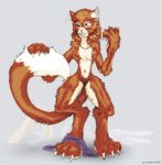  claws clothing digitigrade ears feline female fur gloves hair kira mammal nipples nolaf nose nude paws plain_background red_hair shirt smile transformation whiskers 