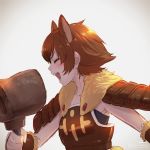  1girl animal_ears armor boar_ears brown_hair collarbone commentary_request extra_ears eyebrows_visible_through_hair eyes_closed fur_trim gauntlets hammer highres japanese_boar_(kemono_friends) kemono_friends open_mouth profile short_hair sleeveless solo takami_masahiro upper_body 