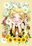  absurdres baby's-breath bare_shoulders birdsong blonde_hair blush closed_eyes detached_sleeves facing_viewer floral_background flower hair_ornament hair_ribbon hairclip hands_on_own_cheeks hands_on_own_face highres kagamine_rin lily_(flower) open_mouth ribbon rose shiny shiny_hair short_hair smile solo upper_body vocaloid 