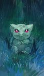  creature full_body gen_1_pokemon glitchedpuppet grass looking_up no_humans nostrils pink_eyes pokemon pokemon_(creature) rain solo water wet 