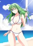  bad_id bad_pixiv_id bikini blue_eyes frog_hair_ornament green_hair hair_ornament highres kochiya_sanae long_hair one_eye_closed rifa_(xrefi) snake solo swimsuit touhou 