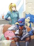  blonde_hair book couch crossover drinking falco_lombardi furry kirby kirby_(series) newspaper nonomichi_(tegaki) reading samus_aran sitting sonic sonic_the_hedgehog star_fox super_smash_bros. tegaki zero_suit 