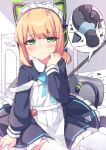  1girl :&lt; animal_ear_headphones animal_ears apron beritabo blue_archive blue_bow blush bow broken bucket closed_mouth collared_dress commentary_request dress fake_animal_ears frilled_dress frills garter_straps hand_up headphones highres long_hair long_sleeves looking_at_viewer maid maid_apron maid_headdress midori_(blue_archive) midori_(maid)_(blue_archive) on_floor puffy_long_sleeves puffy_sleeves sitting solo tail thighhighs vase white_apron white_thighhighs 
