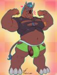  anthro balls bulge clothing eyes_closed flexing hair male mammal marlon.cores musclegut muscular muscular_male pecs rhinoceros smile solo standing torn_clothing 