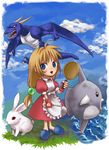  1girl animal apron blonde_hair blue_eyes breasts bunny cloud dragon dress fish frills frying_pan grass ladle lilith_aileron long_hair open_mouth rabbit saintpaulia tales_of_(series) tales_of_destiny water 
