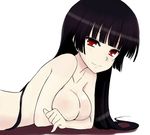  1girl artist_request black_hair breasts kanoe_yuuko large_breasts long_hair lying on_stomach red_eyes smile solo tasogare_otome_x_amnesia 