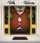 3_fingers 3_toes anthro artist_name belly_overhang black_clothing black_jacket black_jacket_vest black_text_border black_topwear black_vest bow_tie breath building clothing crocodile crocodilian doorframe doormat double_chin ellipsis fat_folds feet fingers green_body green_skin imminent_vore jacket jacket_vest larger_male licking licking_lips licking_own_lips male multicolored_body multicolored_skin necktie obscured_eyes obscured_face panting pink_tongue professional_clothes red_bow_tie red_clothing red_necktie red_topwear reptile scalie sharp_teeth shirt signature size_difference solo suit suit_jacket talking_to_viewer tan_body tan_skin tanio teeth text toes tongue tongue_out topwear vest wardrobe_malfunction white_clothing white_shirt white_text white_topwear