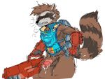 anthro artxtcy balls bodily_fluids brown_body brown_fur clenched_teeth clothed clothing cum facial_markings fur genital_fluids genitals gloves guardians_of_the_galaxy gun handwear head_markings humanoid_genitalia humanoid_penis male mammal markings marvel marvel_rivals mask_(marking) muscular muscular_male pantsless penis procyonid raccoon ranged_weapon red_eyes rocket_raccoon simple_background solo teeth weapon