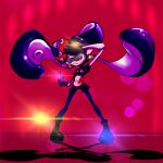  ankle_boots belt black_gloves black_hair black_shirt black_shorts boots bow bow-shaped_hair callie_(octo_idol_outfit)_(splatoon) callie_(splatoon) closed_mouth collar cowlick crop_top earrings fangs fish_(food) food food_on_head frown gloves gold_earrings hand_up hat highres hitsuji_(pixiv2228990) hypnoshades_(splatoon) jewelry legs_apart lens_flare long_hair long_pointy_ears midriff mole mole_under_eye multicolored_hair navel object_on_head octopus_sashimi octopus_sausage_earrings octopus_tattoo official_alternate_costume padded_shoulders pale_skin panties panty_straps pantyhose pink_hat pink_leaf pink_panties pink_shiso_leaf pointy_ears puffy_short_sleeves puffy_sleeves purple_pantyhose red_background red_tattoo sashimi saturated sequins shirt shoes short_eyebrows short_shorts short_sleeves shorts simple_background spiked_collar spiked_waistband spikes splatoon_(series) splatoon_2 standing stomach_tattoo studded_belt studded_collar suction_cups sunglasses swept_bangs tattoo tentacle_hair thick_eyebrows twintails underwear very_long_hair 