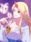  alcohol beer between_breasts blonde_hair breasts bug_(artist) can cleavage grin highres hitodama horn hoshiguma_yuugi large_breasts pointy_ears red_eyes smile solo touhou 