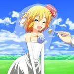  bare_shoulders blonde_hair blue_flower blue_rose blue_sky blush bridal_veil bride cato_(monocatienus) closed_eyes cloud day dress elbow_gloves fang feeding flower fork gloves jewelry necklace open_mouth out_of_frame pendant rose rumia short_hair sky smile solo_focus touhou veil wedding_dress white_dress white_gloves 