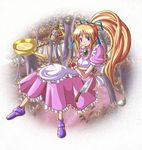  1girl apron blonde_hair blue_eyes blush breasts dress fingerless_gloves frying_pan gloves knife ladle lilith_aileron long_hair ponytail shoes sword tales_of_(series) tales_of_destiny weapon 