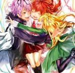  2girls blonde_hair brown_hair garry_(ib) group_hug highres hug ib ib_(ib) long_hair mary_(ib) multiple_girls pink_hair purple_hair red_hair ribbon short_hair skirt smile tcb 