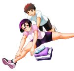  1boy 1girl behind_another black_shorts bottle breasts brown_eyes brown_hair commentary_request exercising folded_clothes foot_out_of_frame highres kneeling kodera_aoi large_breasts looking_at_another looking_at_viewer pink_shirt pink_shoes purple_hair purple_shorts pushing saotome_hodaka shirt short_hair short_sleeves shorts simple_background sogabe_toshinori split tower water_bottle white_background white_shirt white_shoes yankee_jk_kuzuhana-chan 
