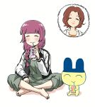  2girls ^_^ apple_juice asken barefoot black_jacket black_nails blunt_bangs blush bocchi_the_rock! bow carton closed_eyes closed_mouth commentary dress drinking drinking_straw drinking_straw_in_mouth fingernails grape_juice green_bow green_dress hair_bow hair_over_shoulder hand_up hiroi_kikuri holding_carton indian_style jacket juice juice_carton long_hair low-braided_long_hair low-tied_long_hair mametchi medium_dress miki_(asken) multicolored_jacket multiple_girls nail_polish open_clothes open_jacket simple_background sitting smile symbol-only_commentary tamagotchi toenail_polish toenails torako_(toramaru) twitter_username two-tone_jacket watermark white_background white_jacket 