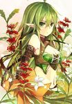  2012 ahoge artist_name bare_shoulders breasts cleavage dated elbow_gloves elf elsword flower gloves green_eyes green_hair lily_(flower) long_hair medium_breasts midriff navel pointy_ears rena_(elsword) shibataya solo trapping_ranger_(elsword) 