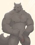 absurd_res black_sclera blaidd_(elden_ring) canid canine canis elden_ring facial_scar fromsoftware fur genitals glans grey_body grey_fur hi_res humanoid_genitalia humanoid_penis malcom508 male mammal navel nipples nude pecs penis purple_eyes scar simple_background solo tail teeth_showing wolf