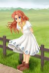  ascot blue_eyes blush boots dress full_body long_dress long_hair malon red_hair smile solo sora_(sunday_sky) the_legend_of_zelda the_legend_of_zelda:_ocarina_of_time 