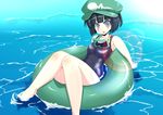  armpits bad_id bad_pixiv_id black_hair blush dark_haired_kappa diving_mask extra grey_eyes hat hatsuse_rui innertube kappa_mob lens_flare looking_at_viewer one-piece_swimsuit school_swimsuit shiny shiny_clothes sitting solo swimsuit touhou water wet wet_clothes 
